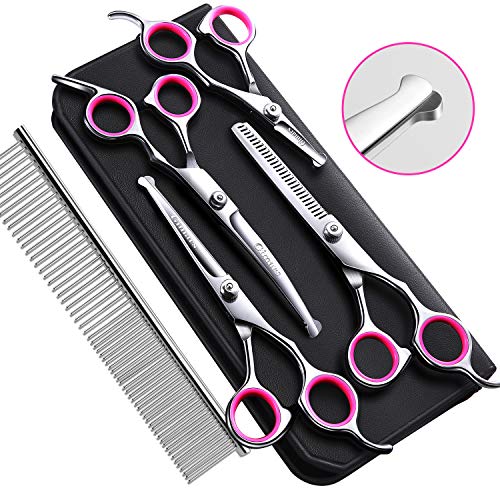 Product Cover Gimars 4CR Stainless Steel Dog Grooming Scissors Kit with Safety Round Tip, Heavy Duty Titanium Coated Pet Grooming Trimmer Kit - Thinning, Straight, Curved Shears Comb for Long Short Hair for Cat Pet