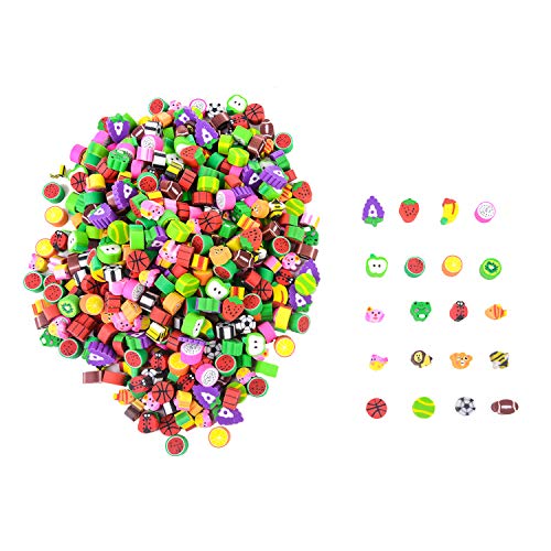 Product Cover Totem World 500 Miniature Novelty Erasers for Kids - Colorful Fruit and Adorable Animal Designs Won't Smudge or Tear Paper - Used for Homework Rewards, Party Favors, Art Supplies and More
