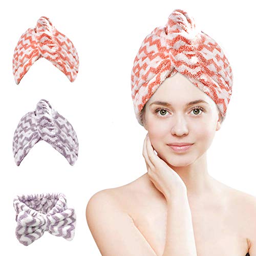 Product Cover Dry Hair Towel Wrap Turban, Microfiber Instant Dry Hair Cap with Bow Headband, Magic Shower Turban for Women, Bath Head Wrap for Long, Curly, Wet Hair(Purple, Pink)