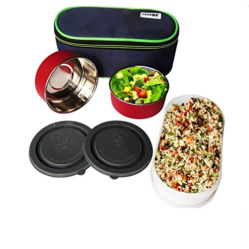 Product Cover Food&Fun Microwave Safe Double Decker Stainless Steel Insulated Lunch Box Set for Office Men, Women, School Kids with Bag Cover | Air Tight (3 Container)