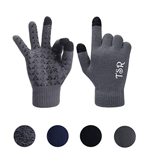 Product Cover Kids Knit Touchscreen Gloves, Winter Solid Black Children Thick Fleece Lining Gloves, Kids Texting Cold Weather Gloves for Boys&Girls, Elastic Cuff Anti-Slip 3 Size Choices