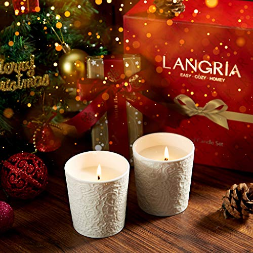 Product Cover LANGRIA Jar Scented Candles Set, 5.6 Oz Lavender Pure Soy Wax Candle, Lace Textured Ceramic Cup, Lead-Free Cotton Wick, 28 Hours Long-Lasting Scent, Gift Box Included