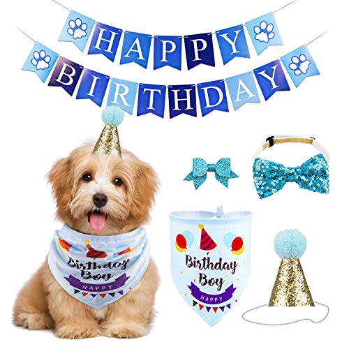 Product Cover Dog Birthday Bandana Hat Banner Set Dog Boy Girl Cute Bow Tie Scarf Birthday Party Supplies Decorations(Blue, Dog Boy)