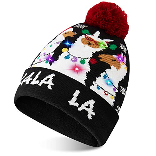 Product Cover ALISISTER Ugly Led Christmas Hat Beanie Women Light Up Warm Wool Soft Caps for Men Winter Pom Cable Knit Funny Merry Xmas Cuff Cute Alpaca Animal Beanie Snowflake Holiday Party Gift Lightweight Black