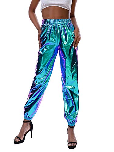 Product Cover SIAEAMRG Womens Shiny Metallic High Waist Stretchy Jogger Pants, Wet Look Hip Hop Club Wear Holographic Trousers Sweatpant (Blue, M)