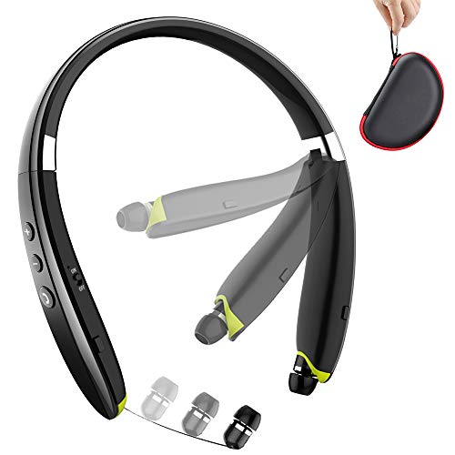 Product Cover Bluetooth Headphones, BEARTWO Upgraded Foldable Wireless Neckband Headset with Retractable Earbuds, Noise Cancelling Stereo Earphones with Mic for Workout, Running, Driving (with Carry Case)
