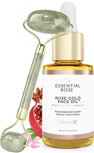 Product Cover Rose Gold Facial Oil and Jade Roller Set by Essential Rose | Rosehip Oil for Face Care with Organic Moisturizing Aromatherapy Serum and Facial Roller Kit for Glowing Skin | 2 Piece