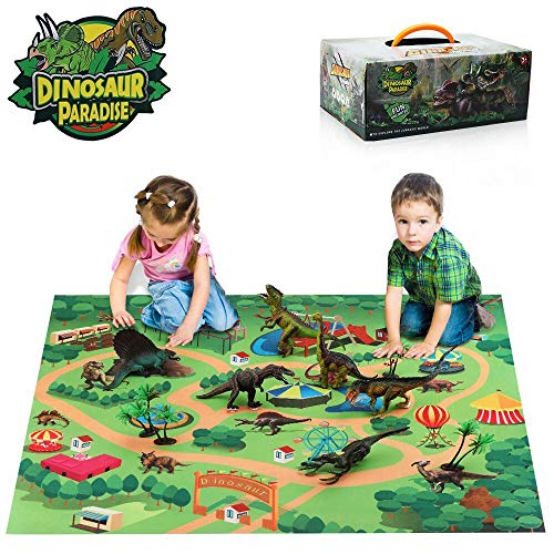 Product Cover TOMETC 19PCS Dinosaur Toys Set 14 Pcs Dinosaur Figures Activity Play Mat & Trees Create A Dino World Educational Realistic Boys Dinosaur Toys Figures Playset Best Gifts for Kids Boys & Girls