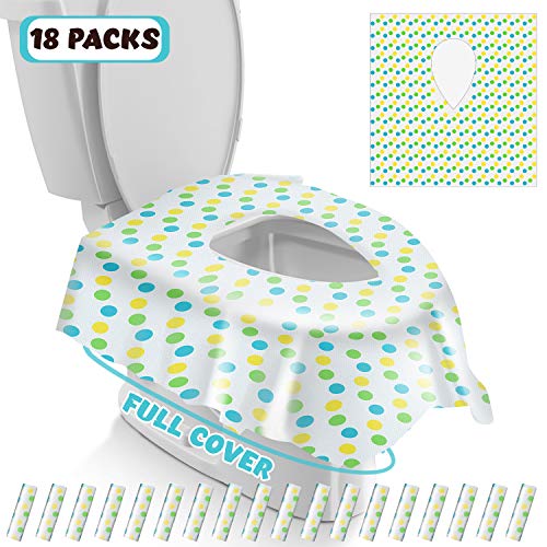 Product Cover Gimars Disposable Travel Toilet Seat Covers Extra Large, Individually Wrapped Waterproof Potty Shields, Non Slip Toddler Potty Training Seat Covers for Kids and Adults, Green Dots Design, 18 Pack