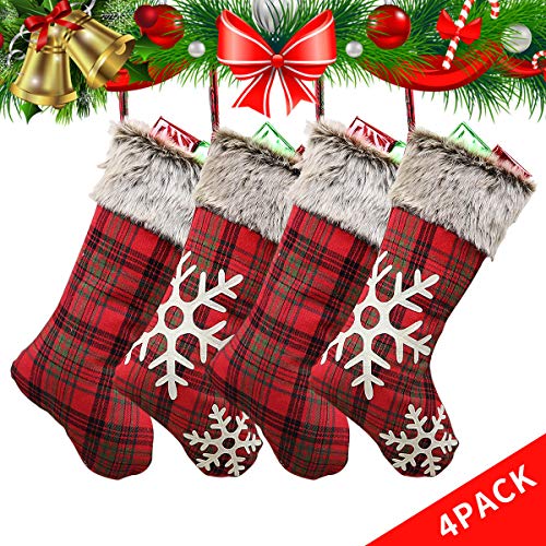 Product Cover Christmas Stockings with Snowflake - Ultra Large 4 Packs 18 Inches Burlap with Large Plaid and Plush Faux Fur Cuff Stockings - Red&Black Xmas Stockings for Family Holiday Xmas Party Decorations