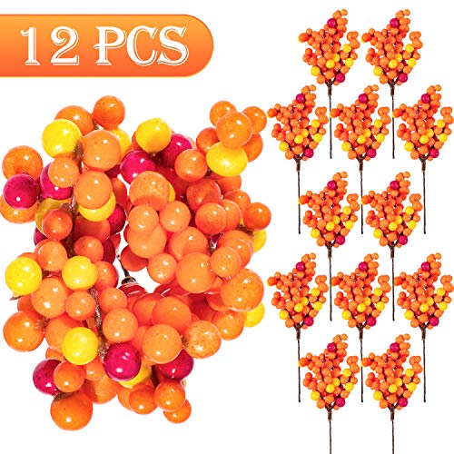 Product Cover Whaline Orange Berry Twig Stem, 12 Pack Artificial Orange Berry Picks for Autumn Fall Decor, Christmas Tree Decorations, Crafts, Wedding, Holiday Home Decor