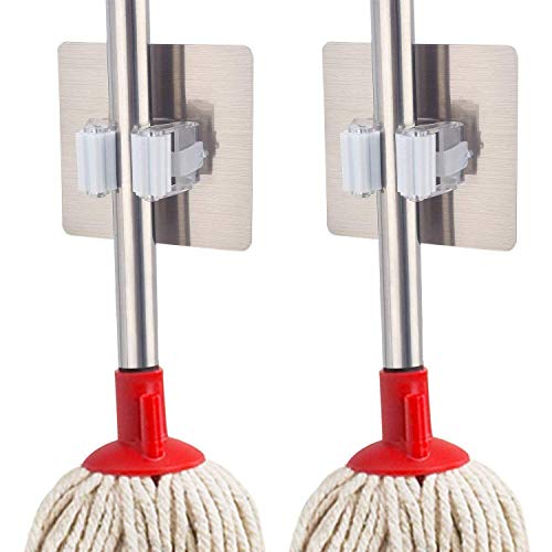 Product Cover Zonku Anti-Slip, Wall Mounted Self Adhesive Reusable Broom Mop Holder Organiser for Kitchen, Bathroom, Garage, Wardrobe and Garden -2 Pieces (Silver)