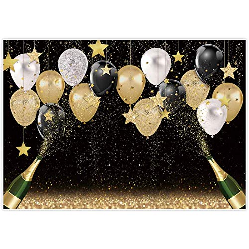 Product Cover Allenjoy 7x5ft Fabric Black Golden Backdrops Party Decorations Happy Birthday Banner Favors Balloon Glitter Stars Champagne Bachelorette Party Background Supplies Baby Bridal Shower Photo Studio Props
