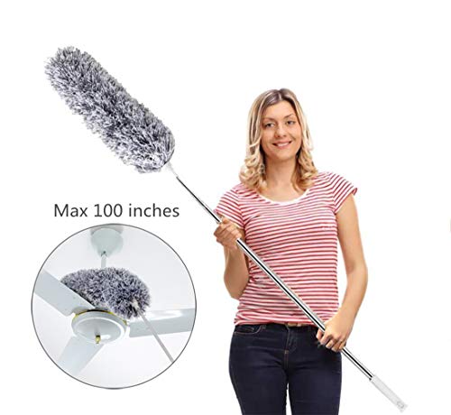 Product Cover Microfiber Duster with Extension Pole(Stainless Steel), Extra Long 100 inches, with Bendable Head, Extendable Duster for Cleaning Ceiling Fan, High Ceiling, Keyboard, Furniture & Cobweb