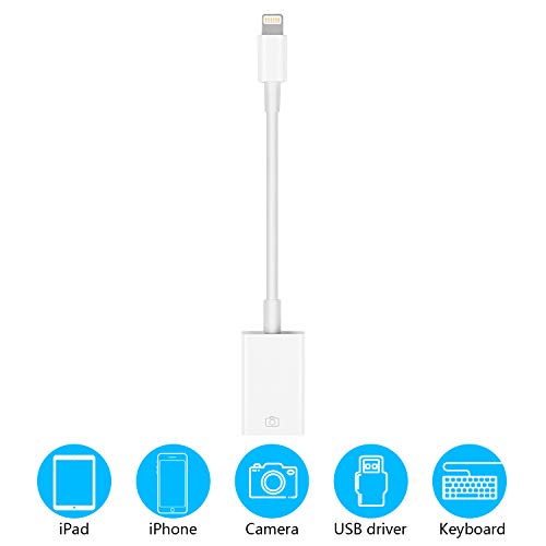 Product Cover USB Camera Adapter for iPad iPhone, HENKUR OTG Cable Compatible with iPhone X Max 8 7 6 6S Plus iPad Mini, USB 2.0 for USB Flash Drive, Keyboard File Photo Video Sync, Support iOS 9.2 to 13 (White)
