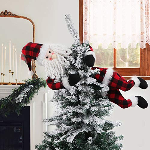 Product Cover XAMSHOR Plush Santa Head and Bottom Pick Red and Black Plaid Buffalo Tree Topper Christmas Tree Hugger Stuck in The Tree on Bendable Stick for Xmas Decorations Ornaments