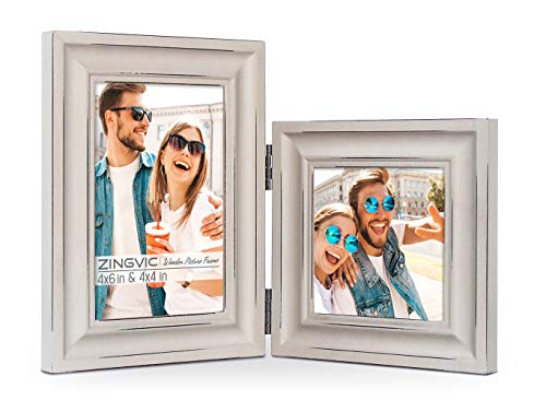Product Cover ZingVic Vertical Square Combo, Double Grey Wood Hinged Picture Frame for 4x6 and 4x4, Desk-top or Wall Mounted, Portrait and Landscape View