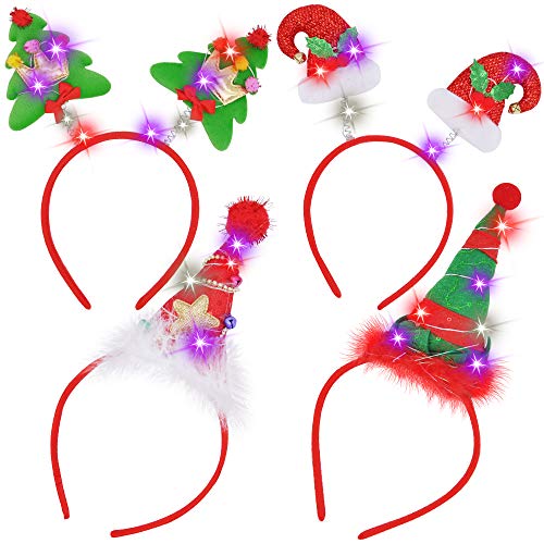 Product Cover JOYIN 4 Pcs Light-Up Christmas Headbands with LED lights in Santa Hats & Christmas Tree Designs for Christmas Supplies and Holiday Parties Favors (ONE SIZE FITS ALL)