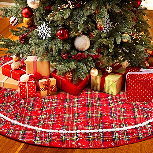 Product Cover Aitsite Buffalo Plaid Christmas Tree Skirt 48 Inch Rustic Xmas Tree Skirt for Christmas Decorations Indoor Outdoor (Red)