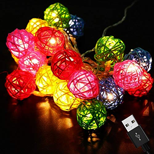 Product Cover TIED RIBBONS Rattan Balls LED Fairy String Lights(10 LED's) - USB and Battery Operated - Decorative Christmas Hanging Lights for Decoration