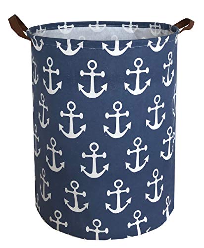 Product Cover Sanjiaofen Canvas Fabric Storage Bins,Collapsible Laundry Baskets,Waterproof Storage Baskets with Leather Handle,Home Decor,Toy Organizer (Navy Blue Anchor)