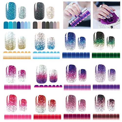 Product Cover 14 Sheets Nail Stickers Glitter Gradient Color Shine Full Wraps Polish Stickers Strips Self-Ashesive Nail Art Sets for Women Girls
