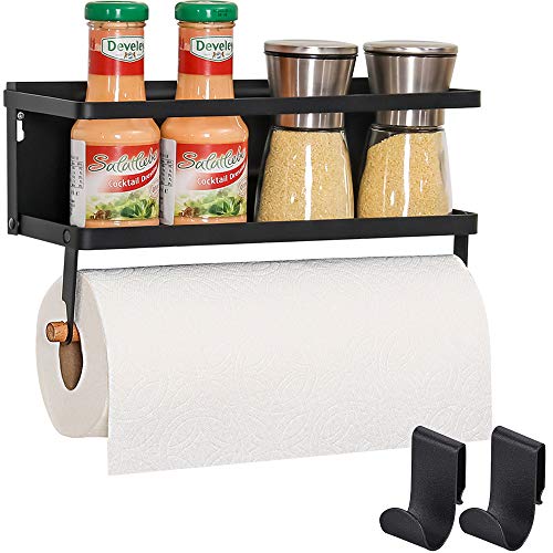 Product Cover Eastore Life Magnetic Spice Rack with Paper Tower Holer, Wall Mounted Spice Rack Shelf for Refrigerator with 2 Removable Hooks, Black, No Assemble Required