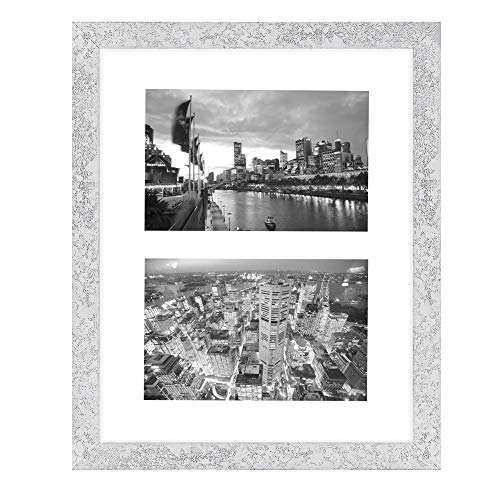 Product Cover Golden State Art, 8x10 Silver Collage Picture Frame - White Mat for (2) 4x6 Pictures - Wood Molding - Easel Stand for Tabletop - D-Rings for Wall Display - Great for Homes, Offices, Events