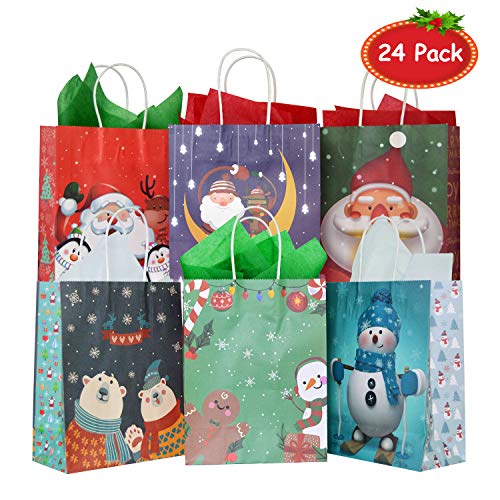Product Cover 24 Pack Christmas Kraft Gift Bags with 24 Tissue Papers, Holiday Paper Gift Bags,Party Favors Goody Bags, Xmas Presents, Classrooms and Wrapping Stocking Stuffers (Merry Christmas A)