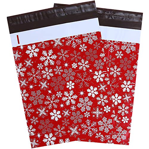 Product Cover 100 Pcs 10x13 Winter Snowflakes Designer Poly Mailers, Ohuhu Christmas Envelopes Shipping Bags with Self Seal Adhesive, Waterproof and Tear-Proof Postal Bags, Red