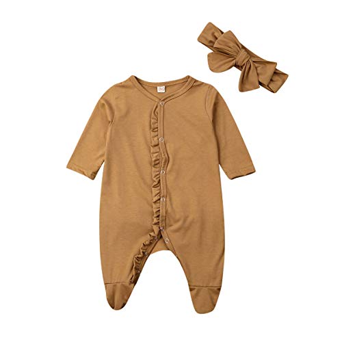 Product Cover Newborn Baby Girl Boy Romper Jumpsuit Footed Pajamas Ruffle Footie Sleeper Fall Winter Outfit Clothes (Brown Footies,0-3 Months)