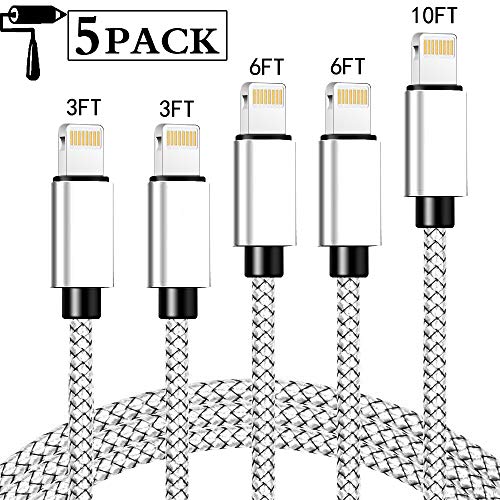 Product Cover Lightning Cable Nylon Braided iPhone Charger Cable Cord 5Pack 3/3/6/6/10FT Long MFi Certified iPhone Data Cable Wire USB Fast Charging Cord Compatible iPhone 11/XS/MAX/XR/X/8/7/6/5/iPad/iPod