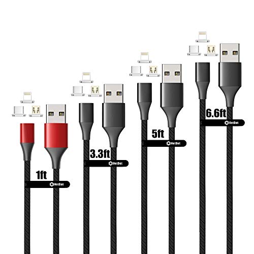 Product Cover NetDot Gen10 3 in 1 Nylon Braided Magnetic Charging Cable with LED,Fast Charging Magnetic Cable Compatible Micro USB & USB-C Smartphones and i-Product (4 Pack,1ft red,3.3ft/5ft/6.6ft Black)
