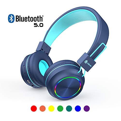 Product Cover iClever Kids Headphones Bluetooth - Colorful Lights Headphones for Kids with MIC, Volume Control Foldable - Childrens Headphones on Ear for iPad Tablet Airplane School,Blue