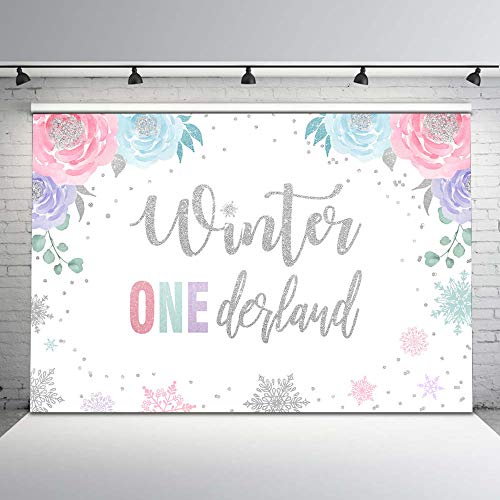 Product Cover Mocsicka Winter Onederland Backdrop Girl's First Christmas Birthday Background Photography 7x5ft Pink Silver Snowflake 1st Birthday Party Banner Decorations
