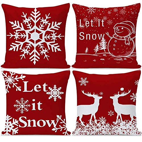 Product Cover Guhoo Pack of 4 Merry Christmas Happy Winter Snowflakes Let it Snow Merry and Bright Deer Linen Decorative Throw Pillow Cover Personalized Cushion Case for Sofa Farmhouse Square 18 Inches