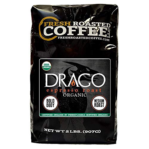 Product Cover Fresh Roasted Coffee LLC, Drago Espresso Roast Coffee, Artisan Blend, Medium Roast, Bold Body, Whole Bean, 2 Pound Bag