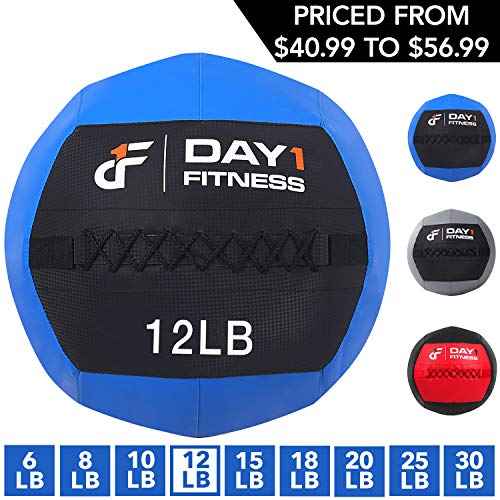 Product Cover Day 1 Fitness Soft Wall Medicine Ball 12 Pounds BLUE - for Exercise, Rehab, Core Strength, Large Durable Balls for TRX, Floor Exercises, Stretching