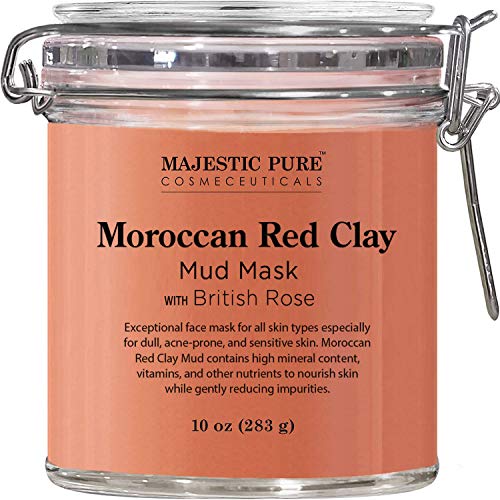 Product Cover MAJESTIC PURE Moroccan Red Clay Facial Mud Mask with British Rose - Natural Skin Care Face Mask for Pore Cleansing and Dull & Sensitive Skin - Fights Acne and Blackheads - 10 oz