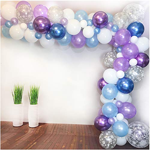 Product Cover Luvier Frozen Party Supplies Snowflake White Blue Purple Latex Balloon Garland Arch Kit with Strip/ 102pcs Large to Small Party Balloons for Winter Wonderland/Ice Princess/Baby Shower (Snow-Blue)