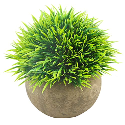 Product Cover Svenee Mini Artificial Plants, Plastic Fake Green Grass Faux Greenery Topiary Shrubs with Grey Pots for Bathroom Home Office Décor, House Decorations