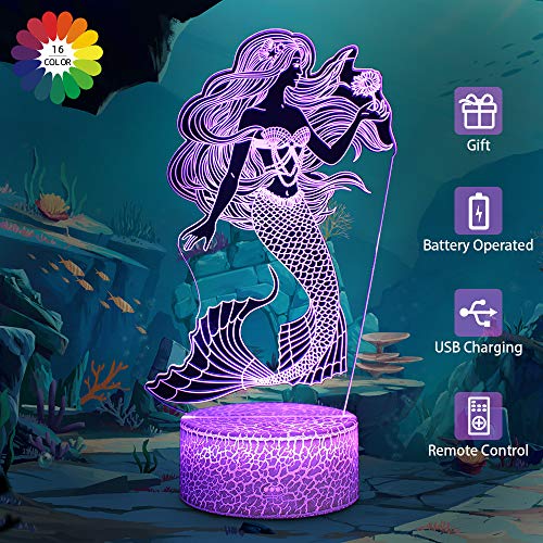 Product Cover Flow.month Little Mermaid Girls Birthday Xmas Gift, 16 Colors Changing Remote Control LED Nightlight, 3D Illusion Night Lamp Kids Room Decor Toy Bedside Desk Lighting