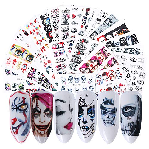 Product Cover Halloween Nail Stickers Day of the Dead Water Transfer Nail Decals 25 Sheets Skull Ghost Eye Hulk Clown Witch Nail Art Stickers Halloween Party Supply Favors Nail Tips Charms Decoration