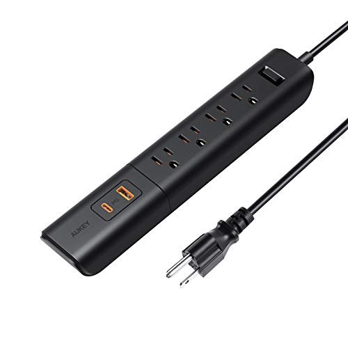 Product Cover AUKEY USB-C Power Strip with Power Delivery, 4-Outlet Power Strip with Quick Charge 3.0, 18W Power Delivery & 5-Foot Cable for Home and Office Desk (Black)