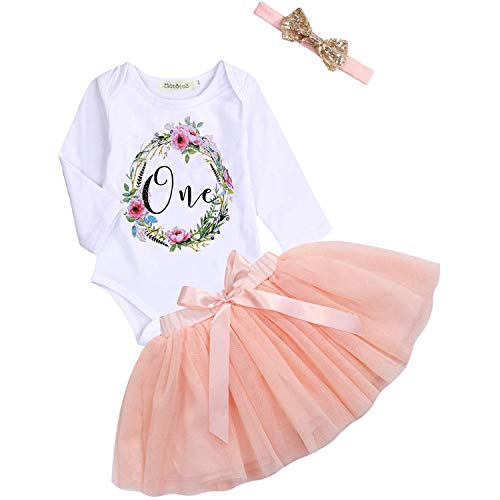 Product Cover My First Birthday Baby Girl Clothes One Flower Romper+ Peach Pink Bowtie Tulle Skirt Outfits Autumn (9-13 Months, White ONE Romper+ Peach Tulle Skirt Set)