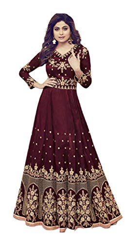 Product Cover Drashti Villa Women's Maroon Color Embroidered Taffeta Silk Semi Stitched Anarkali Gown (Free Size)