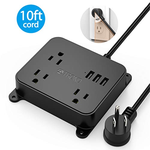 Product Cover Power Strip with Long Cord 10ft, TROND Wall Mountable Outlet Extender with 3 USB Ports, 3 Widely Spaced Flat Plug Outlets, Desktop Charging Station for Dorm Room Nightstand Office, Black