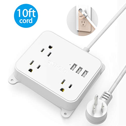 Product Cover Power Strip with Long Cord, TROND Wall Mountable 10ft Outlet Extender with 3 USB Ports, 3 Widely Spaced Flat Plug Outlets, Desktop Charging Station for Dorm Room Nightstand Office, White