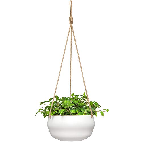 Product Cover Mkono Ceramic Hanging Planter for Indoor Plants Modern Outdoor Porcelain Hanging Plant Holder 8 Inch Geometric Flower Pot with Polyester Rope Hanger for Herbs Ferns Ivy, White