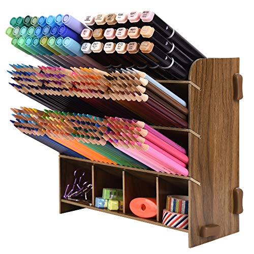 Product Cover Wooden Desk Organizer - Holds 240 Colored Pencils - Large Capacity Pen Organizer for Office, Home Supplies - Artist's Pencils Storage Holder Racks, Easy Assembly, 16 Compartments Black Walnut Color